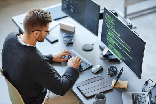 Professional coding at a dual-monitor workstation.